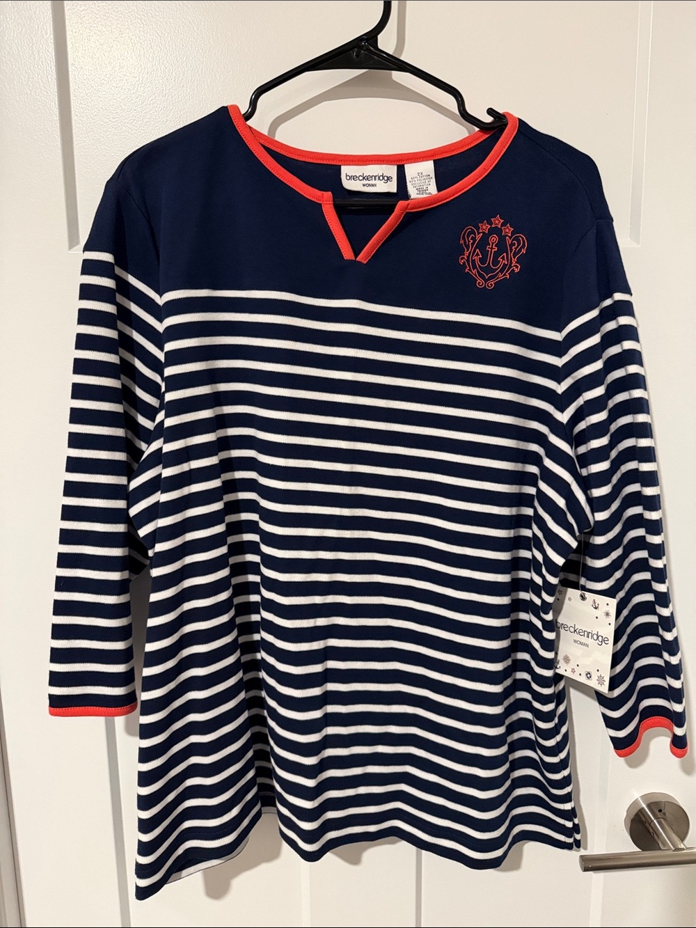 NWT breckenridge Navy & White Striped Top with Coral Trim and Crest